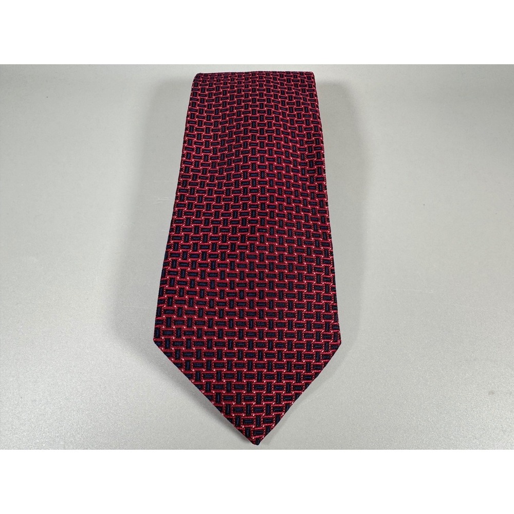 Brooks Brothers Makers Silk Tie Red Navy‎ Blue Geometric Basketweave England USA
